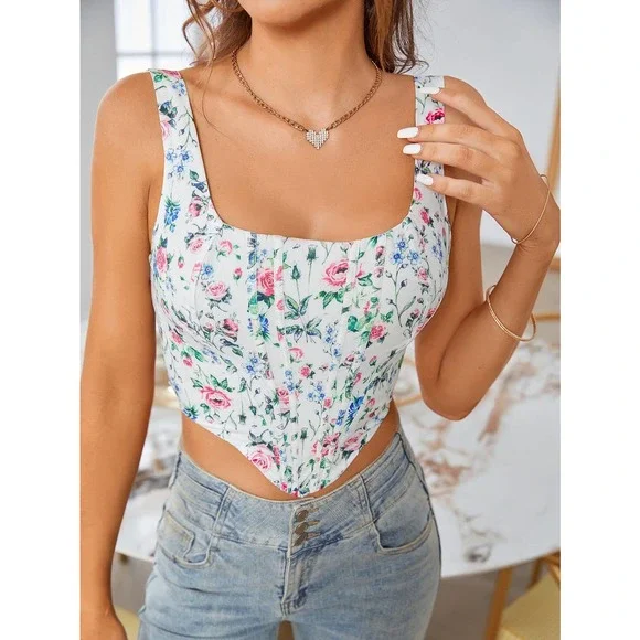 Floral Print Hanky Hem Zip Back Corset Tank Top crop top - Picture 8 of 8